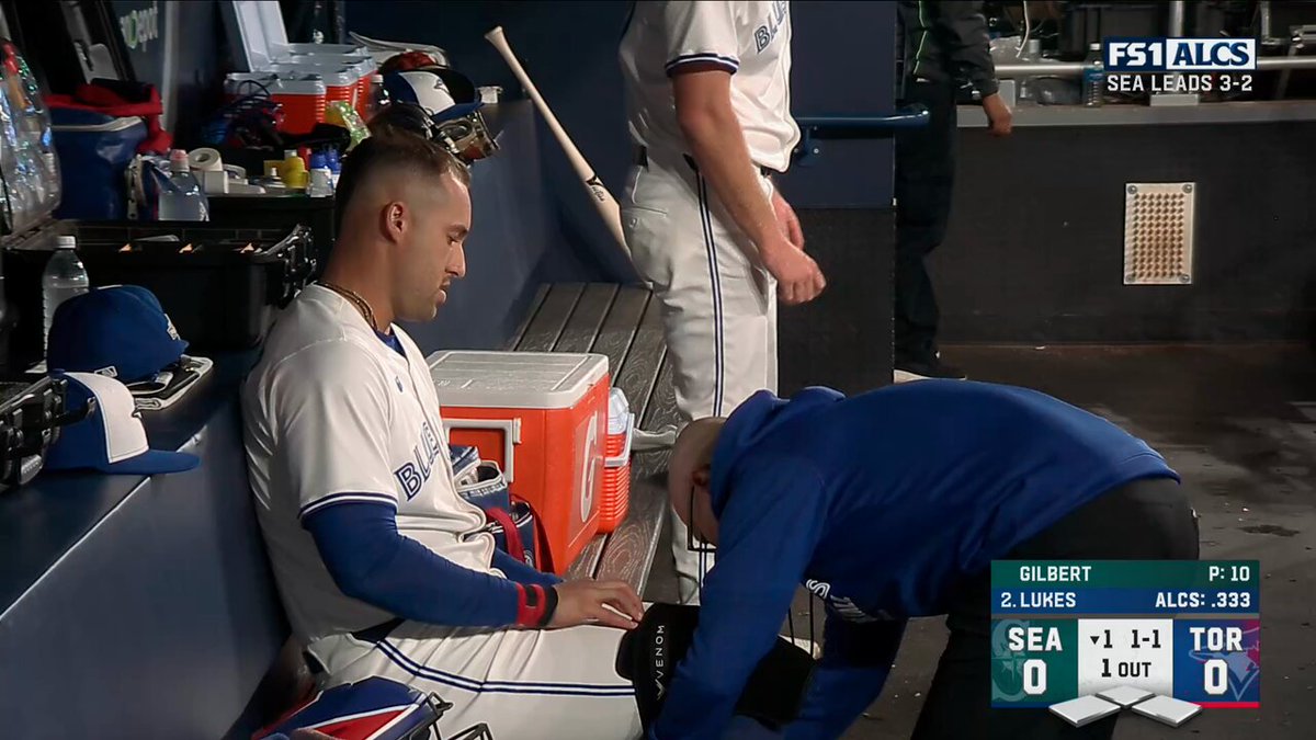 George Springer had his knee wrapped following his at bat 