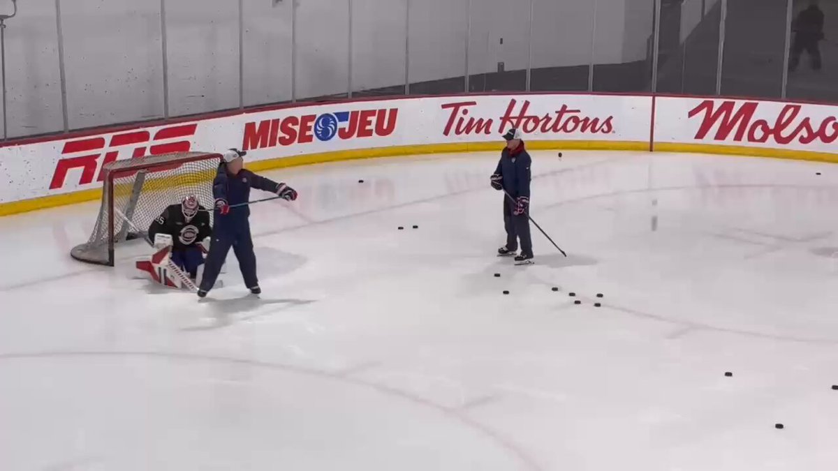 Samuel Montembeault, who will start in goal for #Habs Saturday night at Bell Centre vs. Senators at practice this morning in Brossard.