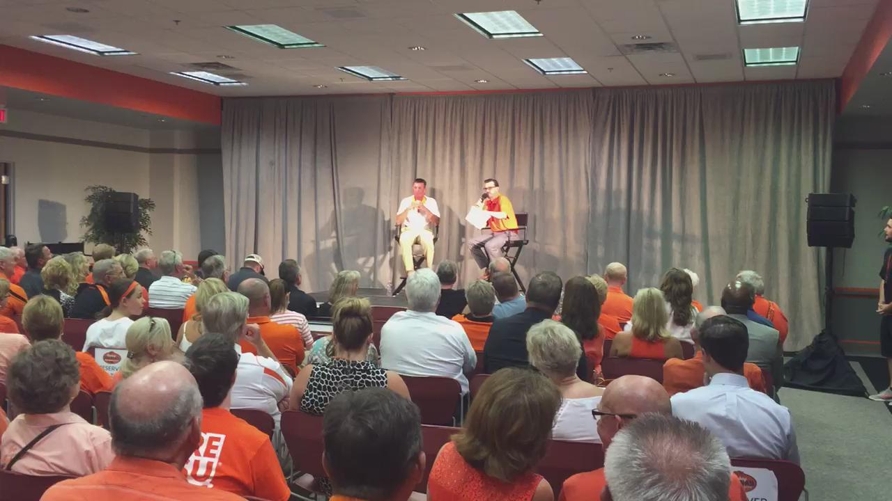  coach Mike Gundy turns 48 today, so the crowd at the OKC Cowboy Caravan last night sang him Happy Birthday 