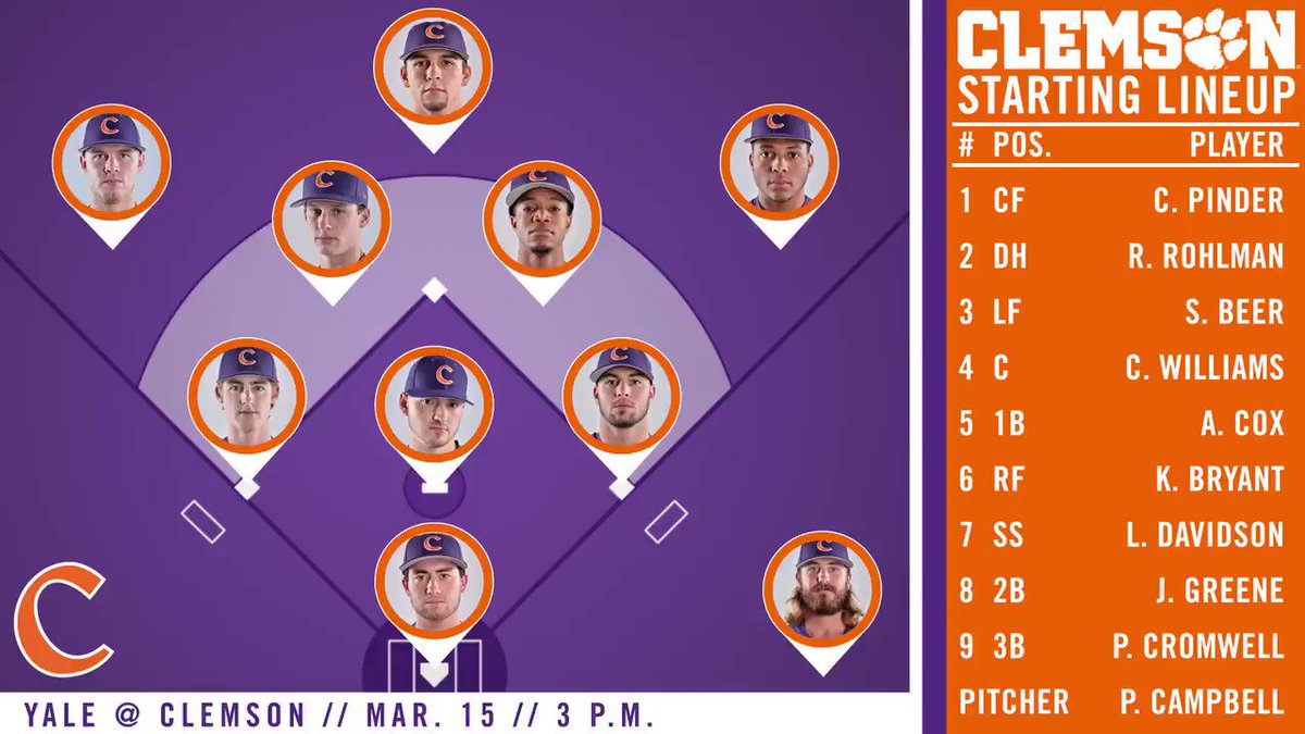 Clemson Baseball on Twitter "Starting lineup for game two against Yale