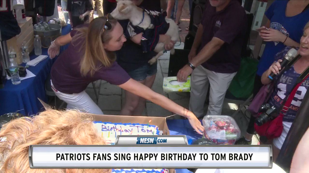 It was a festive atmosphere at Faneuil Hall as Patriots fans sang \"Happy Birthday\" to Tom Brady. 