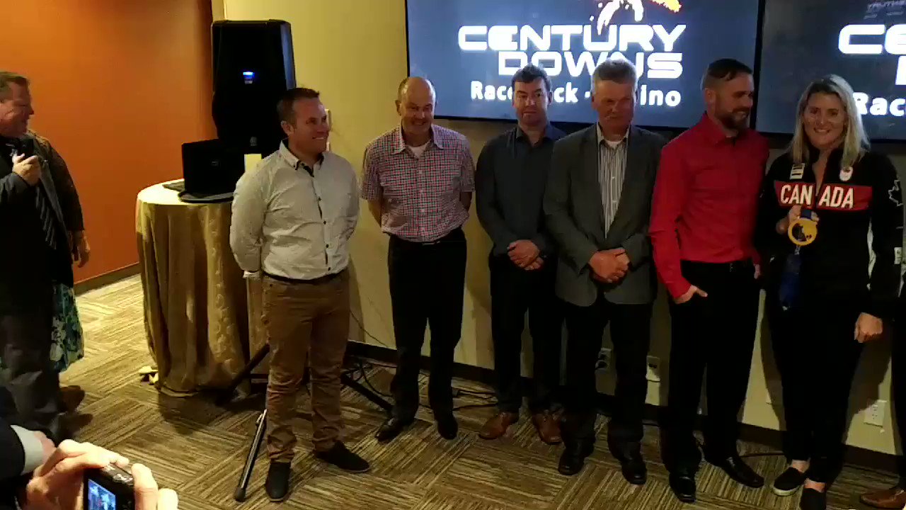  drivers sing Happy Birthday to Calgary Racing Festival Charity Gala speaker Hayley Wickenheiser 