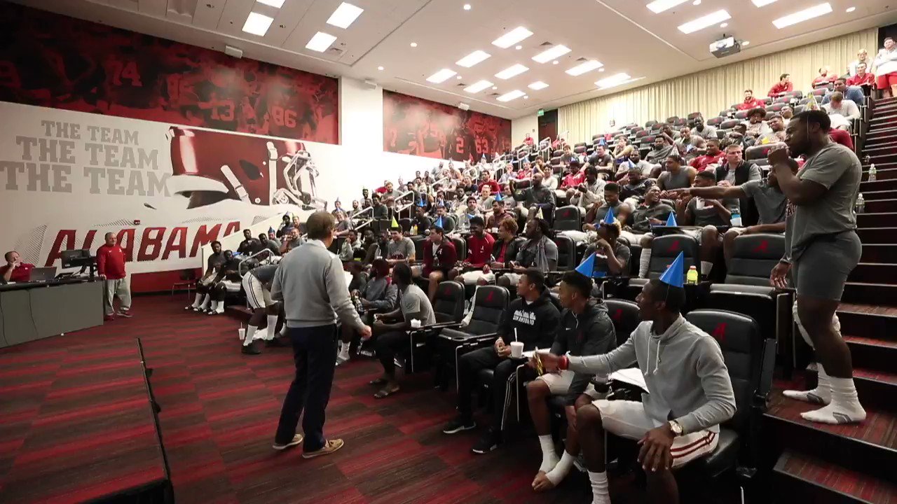Alabama DB Daniel Wright sings Happy Birthday to Nick Saban. 