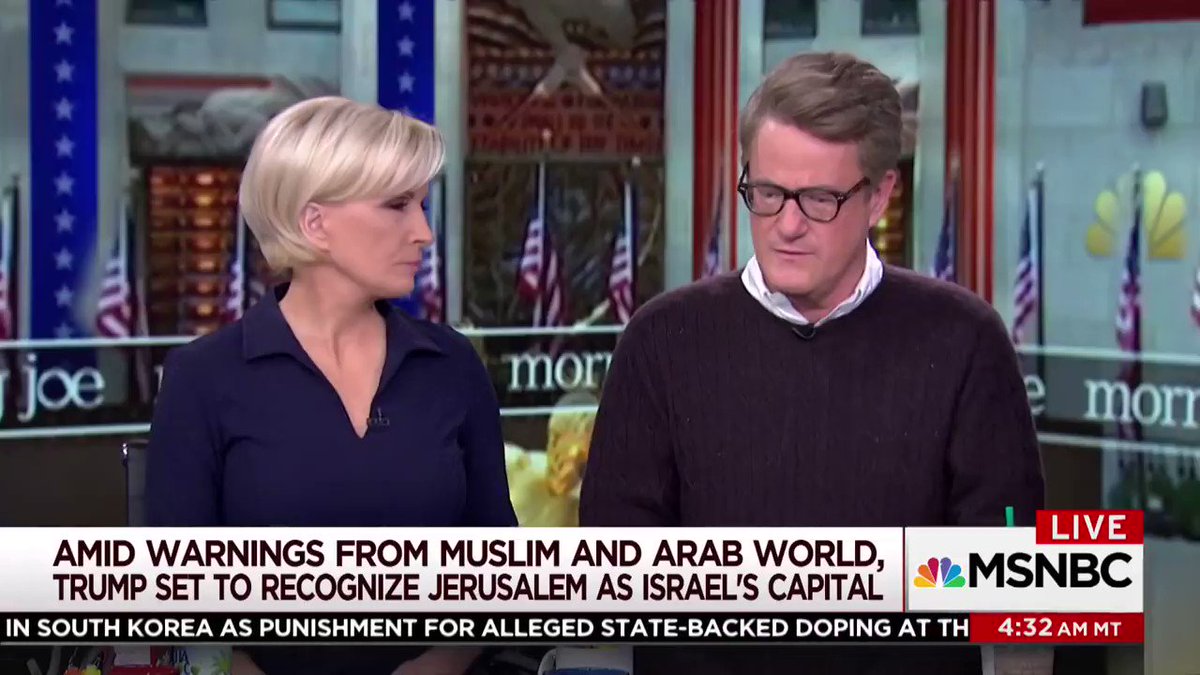 MSNBC's Scarborough criticizes President Donald Trump's decision to move the U.S. embassy to Jerusalem.
October 24, 1995: Rep. Joe Scarborough (R-FL) voted in favor of "Jerusalem Embassy Act of 1995", which was passed to move the U.S. embassy to Jerusalem.
What changed @JoeNBC?
