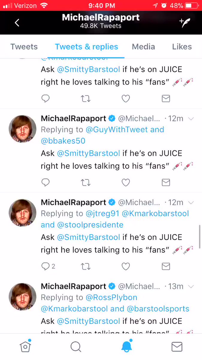 You guys think @MichaelRapaport wants people to “ask @SmittyBarstool if he’s on juice?”