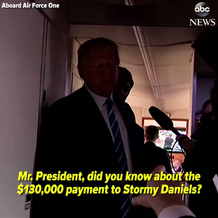 NEW: Pres. Trump tells reporters he did not know about $130,000 payment to Stormy Daniels before the 2016 election. https://abcn.ws/2HbHzDE