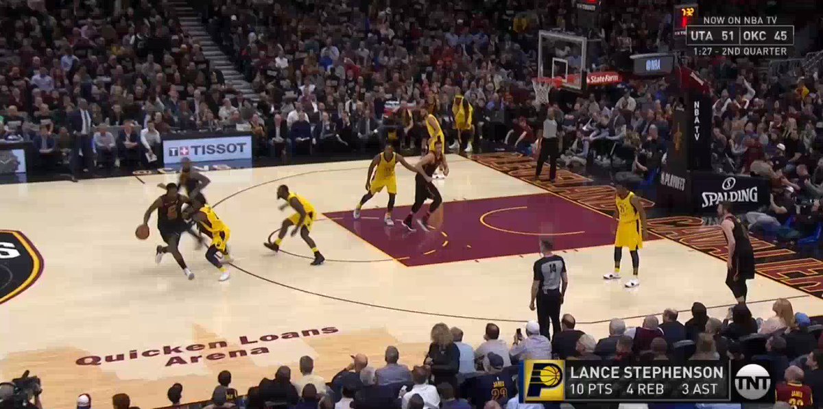 Nate McMillan slips and falls on the sideline vehemently making his case for an offensive foul call on LeBron. CLE back up 10 after James sticks a jumper on the next possession #TwitterNBAShow http://pscp.tv/w/1ynJOAAOMewKR