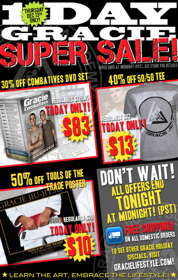 RenerGracie's tweet photo. TODAY ONLY: 30% OFF Gracie Combatives DVDs, 40% OFF 50/50 T, 50% OFF Tools of the Trade Poster! http://t.co/1xnQkXv1 http://t.co/AgmWgH9L