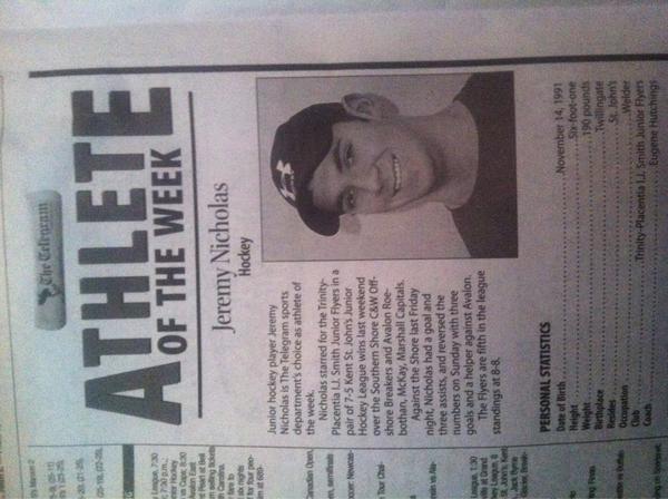 big shout out to <a href="/NicholasJ09/">Jeremy Nicholas</a> on being   The Telegram athlete of the week! #7inarow #greatplayer #goflyers