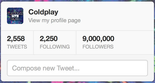 coldplay's tweet image. Wow, nine million followers. Thank you! A