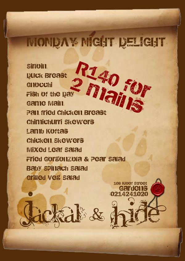 LittleCamissa's tweet photo. 24 Dec Monday Night Delight is on @jackalhide1 in http://t.co/nqwk5TOX 2 x mains for R140 - 021 424 1020 http://t.co/mGlhH7X2 @MyBirdi