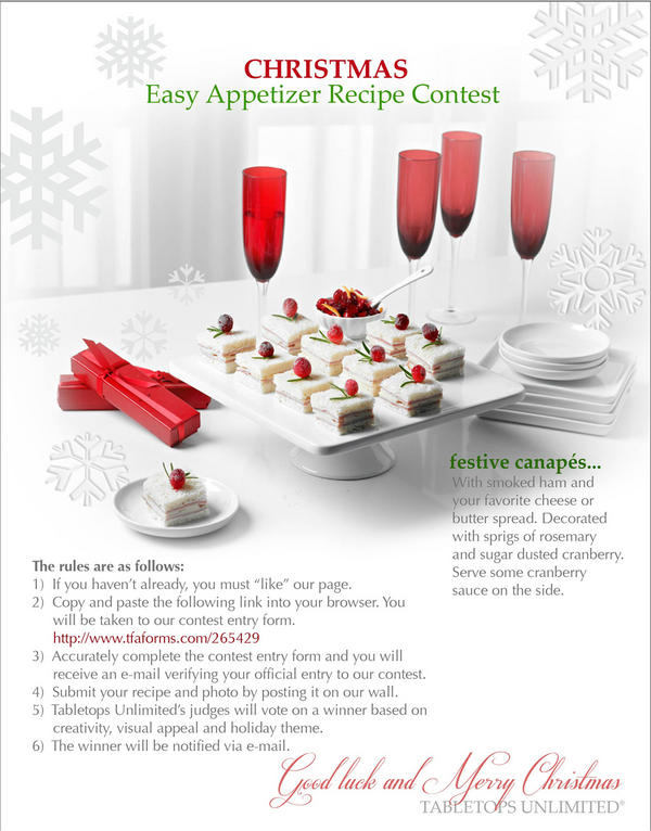 TabletopsUnlmtd's tweet photo. Share you #Christmas #appetizers with us and #WIN a $40 #GiftCertificate from http://t.co/0RldZyW0! http://t.co/xbBjzBto