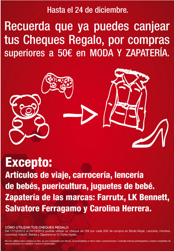 Vislumbrar Destilar patinar El Corte Inglés on Twitter: "Ya puedes canjear tus #ChequesRegalo en  compras superiores a 50€ en moda y zapatería. Infórmate de las condiciones  ;-) http://t.co/rAylz7pr" / Twitter