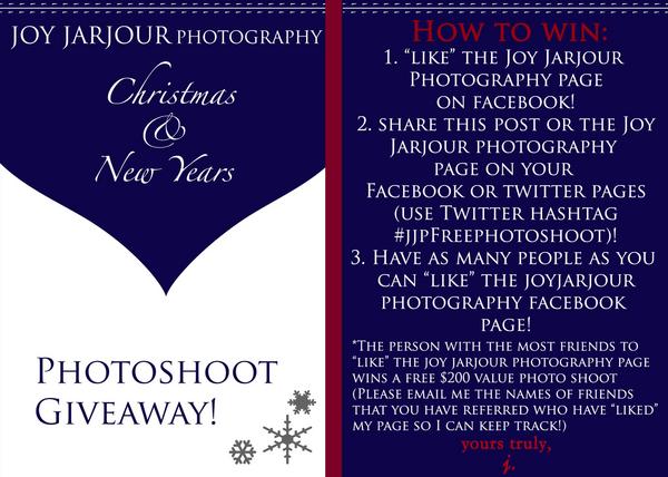 JoyJarjour's tweet photo. Free photoshoot giveaway: from Dec. 15-January 1, 2013! 

https://t.co/WnKnz5ro

@JoyJarjour  #freephotoshoot http://t.co/RzFzgKZK