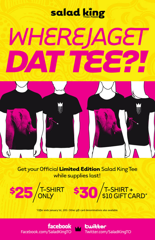 SaladKingTO's tweet photo. We're giving away a FREE TEE on Twitter every day from now 'til Christmas Eve! Follow us &amp; RT to enter today's draw! http://t.co/uL5mSne8