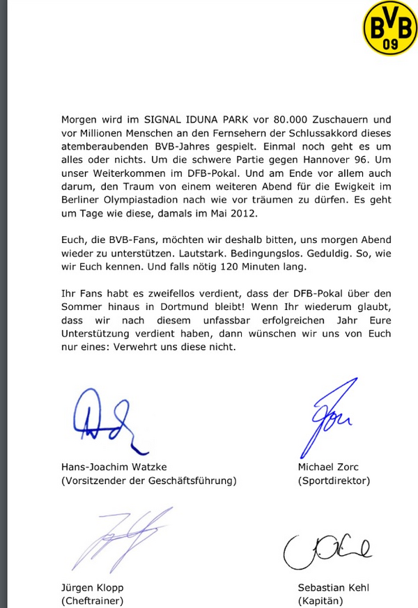 Pottblog's tweet image. Der @BVB fordert seine Fans vor dem morgigen #DFBPokal gegen @Hannover96 um Unterstützung. #BVB