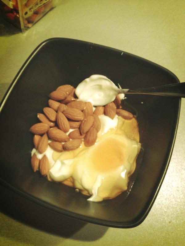 Sweet tooth but unsure of what to have? Handful of almonds, half a tub of Greek yoghurt and natural honey!