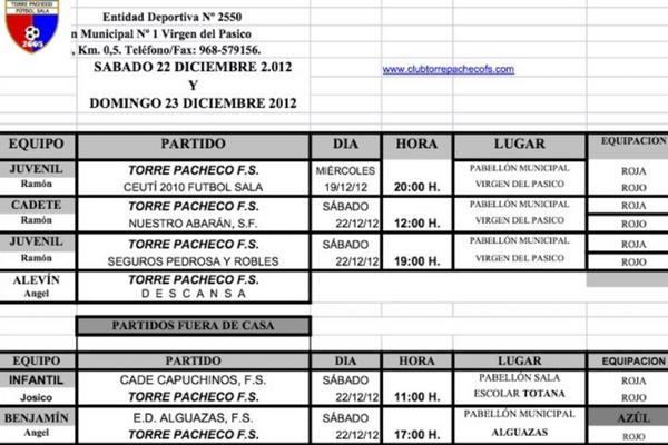 Aquí tenéis los horarios de la jornada del 22-23 Dic(recordar que el juvenil juega también este miércoles a las 20:00)