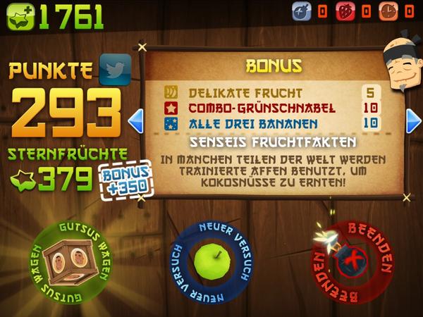 Ich habe 293  Punkte in Fruit Ninja HDs Arcade-Modus für iPad erzielt! bit.ly/NmGnv3