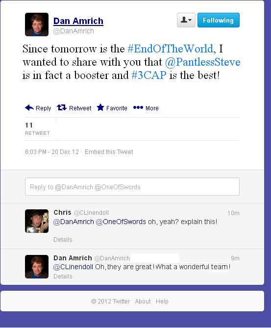 Twotoetimmy's tweet image. Someone faked a Tweet from @DanAmrich's acct. Pretty sure it wasn't this one! (cc:#3CAP @OneOfSwords)