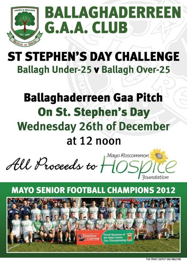 Ballaghaderreen GAA (@ballagh_gaa) on Twitter photo St Stephen's Day Challenge U25's vs Over-25's 26th in <a href="/Ballagh_GAA/">Ballaghaderreen GAA</a> pitch 12 noon All proceeds to Mayo/Roscommon Hospice St Stephen's Day Challenge U25's vs Over-25's 26th in <a href="/Ballagh_GAA/">Ballaghaderreen GAA</a> pitch 12 noon All proceeds to Mayo/Roscommon Hospice