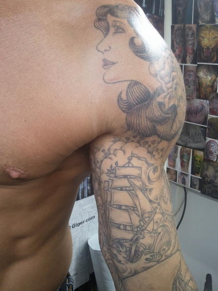tattooboat's tweet image. Todays tat - shading gypsy girl &amp;amp; ship lined midsummerish #workaboard #boatsthattweet