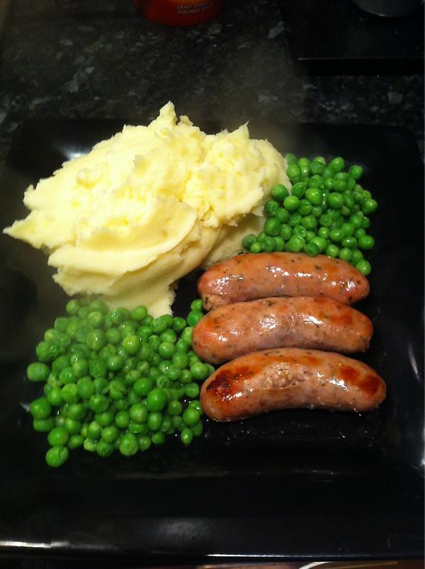 @grant_RS stilton sausages, homemade mash with peas and onion gravy to follow. Simple but amazing #britishfoodporn