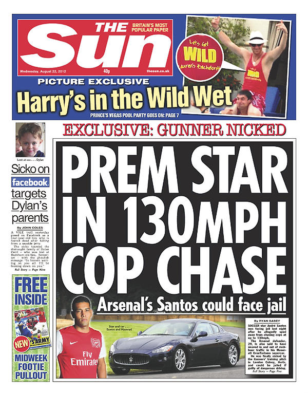 SkyNews's tweet photo. SUN FRONT PAGE:  'Prem star in 130mph cop chase' #skypapers http://t.co/8VQEkQU1