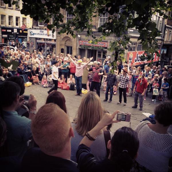 CreateAtCloud's tweet image. #edfringe Street Performer with some "volunters" for his YMCA Act...ha!