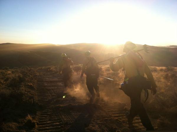 LostFireBLM's tweet image. NPS Firefighters hike the dozer line at sunset on the #LostFireBLM #LostFire
