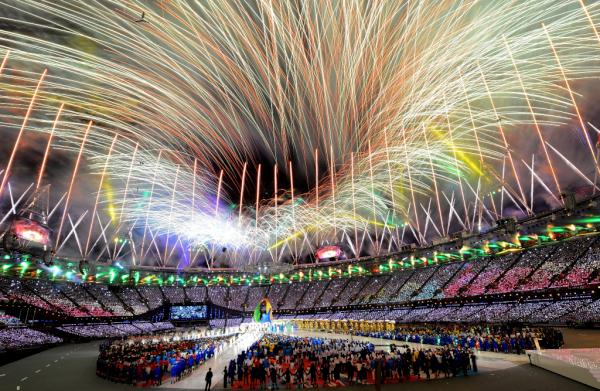 Pic: looking up from inside the #London2012 Olympic Stadium at the colourful fireworks lighting up the sky