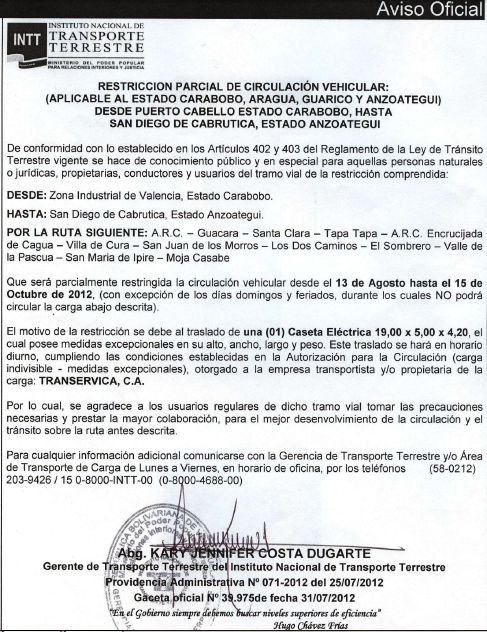 INTTMARACAY's tweet photo. ATENCIÓN: RESTRICCIÓN PARCIAL DE CIRCULACIÓN VEHICULAR: APLICABLE EN CARABOBO, ARAGUA, GUARICO Y A http://t.co/mqqb9FRf @traficovv