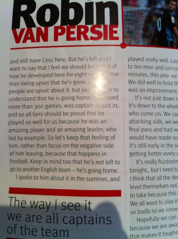 gunnerpunner's tweet image. Here's RvP on Cesc a year ago: "Keep in mind too he's not left to go to another English team..."