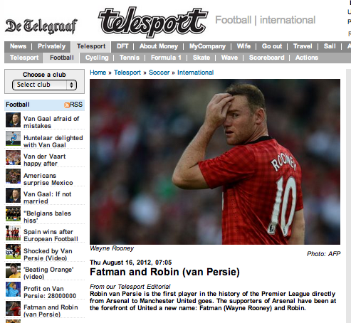 ManarSarhan's tweet photo. #fatmanandrobin RT@101greatgoals Picture amazing headline from Dutch newspaper Telegraaf on Van Persie's move to United http://t.co/Vv8LJgD6