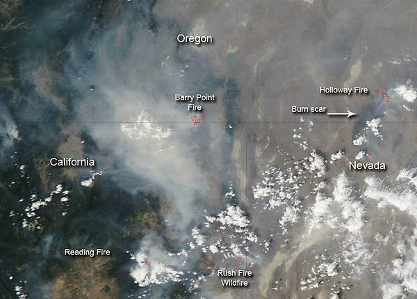 SoCalUSFS_Fire's tweet image. The view from above @NASA image of NE #CA incl @BarryPointFire Modoc NF #ReadingFire Lassen NF others @NBCNews #CAFire