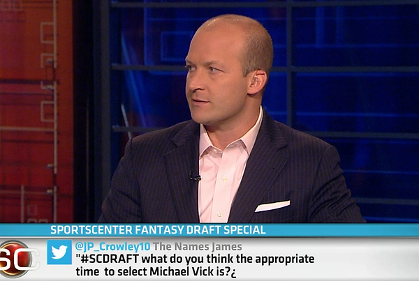 SportsCenter's tweet photo. @JP_Crowley10 Your #SCDRAFT tweet was answered on air. "Vick is high risk, high reward. Get a strong backup QB." http://t.co/p8h7G00K