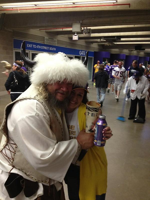 Really close hug from Steinarr  The Kraze E Viking of Nordic Inn at the Minnesota Vikings Game!