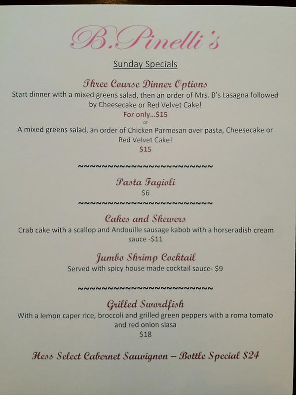 BPinellis's tweet photo. Every Sunday at B. Pinellis kids eat free!  So come on in! Opened for dinner from 4:00 - 9:00! http://t.co/keI6dIjL