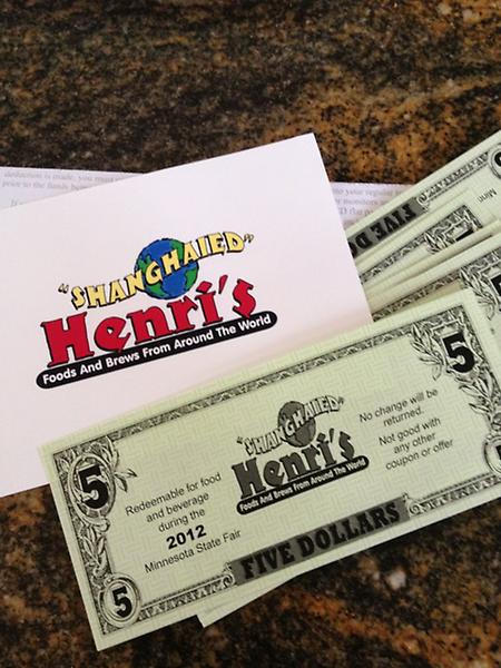 Yay!  The Shanghaied Henri's bucks and Minnesota State Fair tix that I won from a Facebook contest came in the mail!