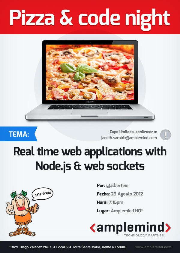 amplemind's tweet image. No olviden registrarse para la primer Pizza &amp;amp; Code Night en #Culiacán #NodeJS #WebSockets It's Free!
