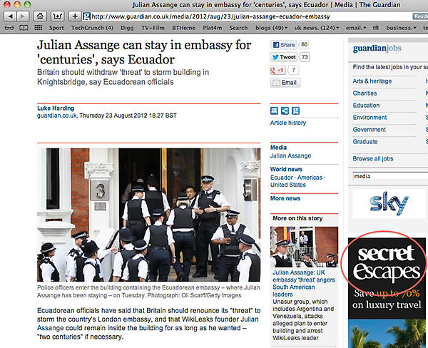 createordieldn's tweet image. Let's hope this ad placement on an Assange article on @Guardian was deliberate. Genius.