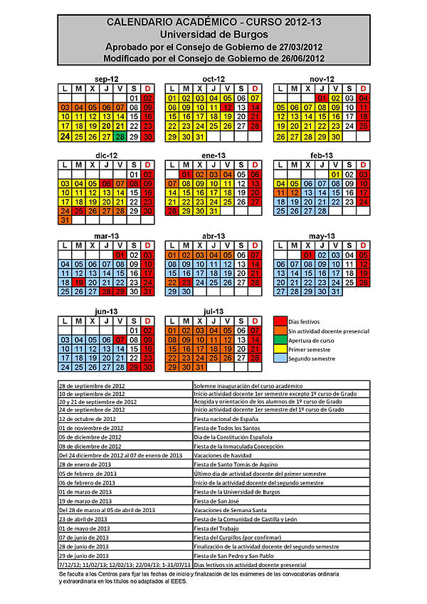 Ya puedes consultar el calendario académico 2012-13 de la Universidad de Burgos. El 10 de septiembre comienza el curso.