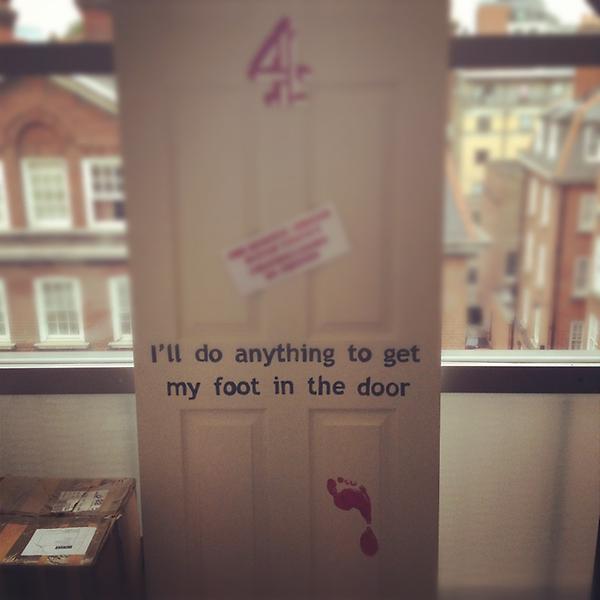 How far would you go to get a job with C4? <a href="/KatieAllanson/">Katie Allanson</a> bought and painted a door #4Door ” @David_uk_Peters RT mate?