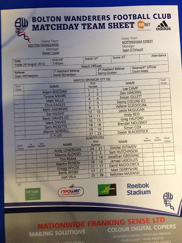 NFFC's tweet photo. Tonight's official teamsheet. http://t.co/ESSJLFad