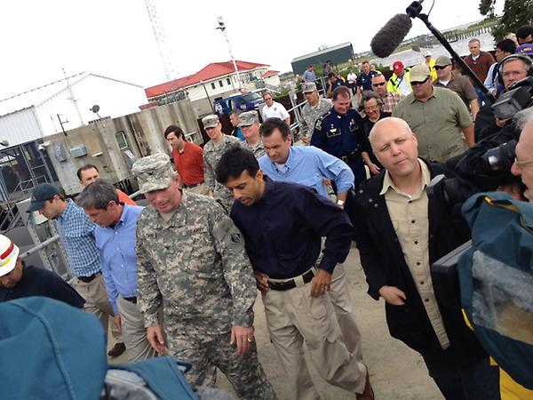 tvkatesnow's tweet image. La Gov Bobby Jindal and New Orleans Mayor Mitch Landrieu visiting the site of 17th St levee break during Katrina