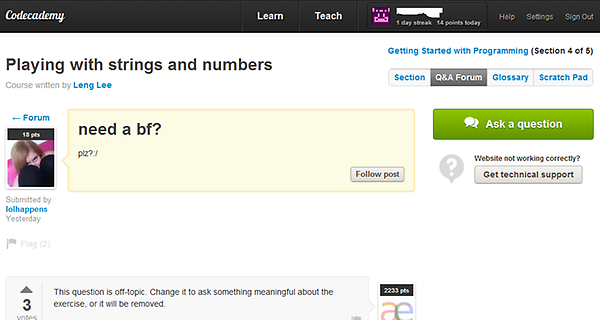 WernerLuke's tweet image. Girl on @CodeAcademy just wrote in a forum, "need a bf". How desperate can you be? #growUp #programmersProblems