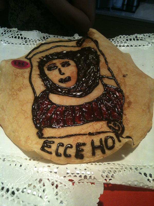JeffLudlow's tweet photo. Dissed on a crepe. Even bakeries are cashing in on Ecce Homo debacle. http://t.co/htMYANSg
