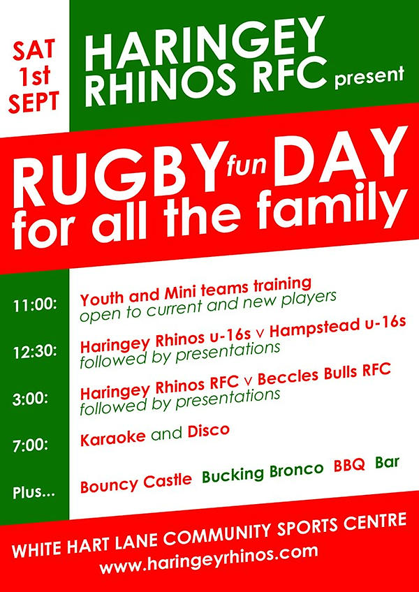 Looking to get the word out about the Rhinos' open rugby, BBQ and beers day this Saturday. Should be great. Please RT