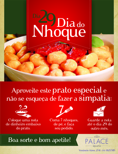 Iguaria's tweet photo. Hoje é Dia 29, dia de comer nhoque.Por isso, o Palace Iguaria inclui hoje em seu cardápio Nhoque ao molho de camarões. http://t.co/4csF1902