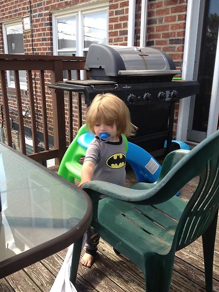 Up with the little monster pants hanging out on the deck in this beautiful weather.  Life is good!